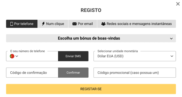 Formulário de inscrição Melbet