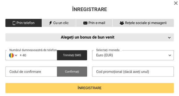 Formular de înregistrare Melbet